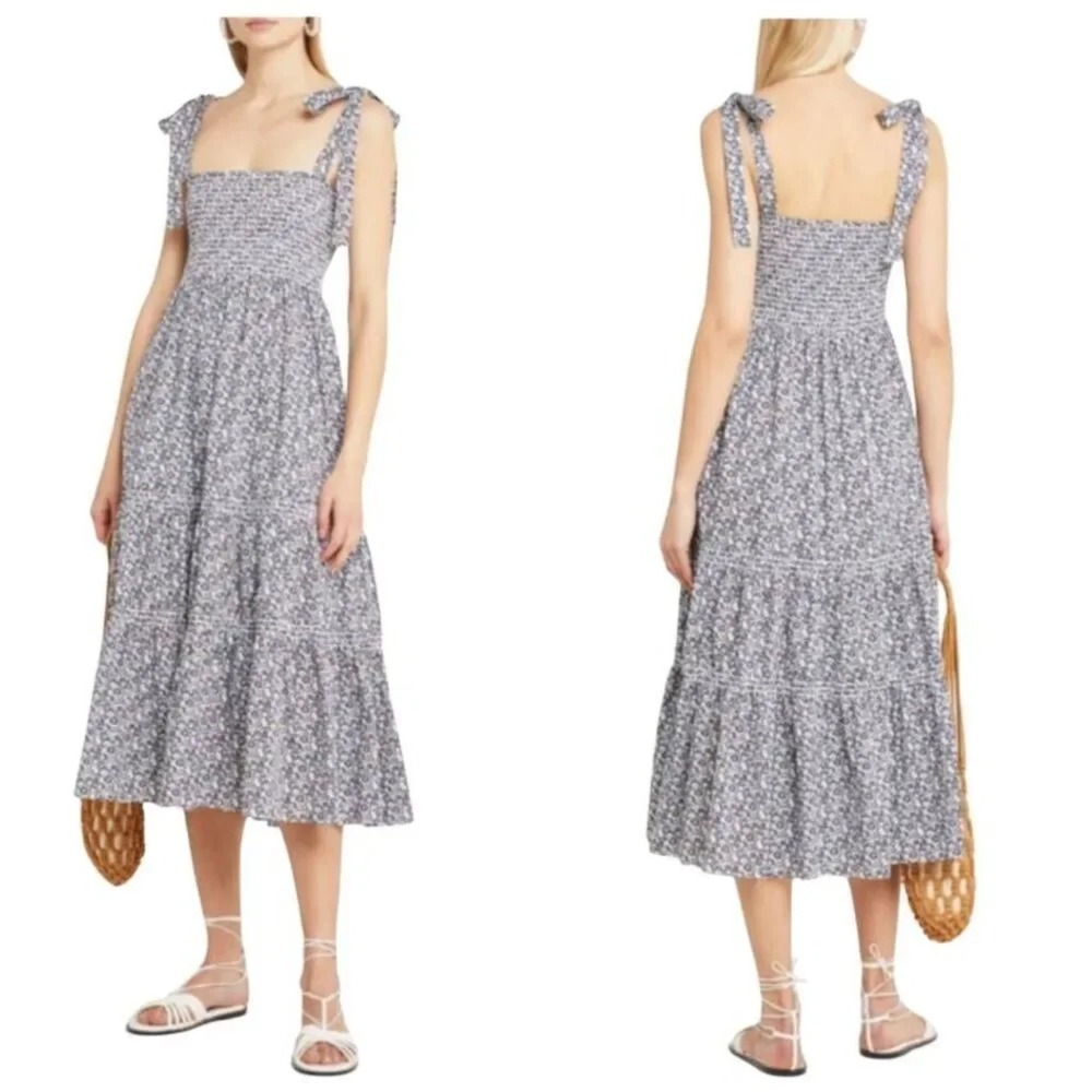 Anthropologie o.p.t. Cara Smocked Floral Boho Tiered Midi Dress Blue Women XS